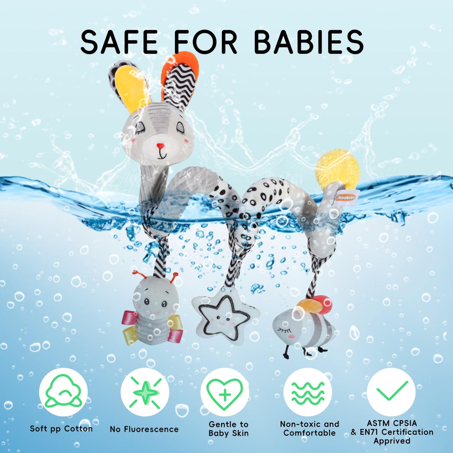 JINBOBUBU Baby Spiral Activity Toy, Stroller & Car Seat Hanging Toy for 0-12 Months, High Contrast Newborn Sensory Toy with Rattle & Crinkle Paper, Infant Travel Plush Toy for Crib Bassinet