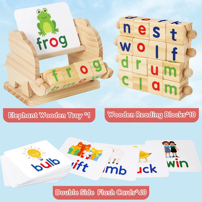 Montessori Learning and Educational Toys Gifts for Kids 3 4 5 Years, Wooden Reading Blocks Toys, Preschool Kindergarten Learning Activities, Turning Rotating Matching Flash Card Games