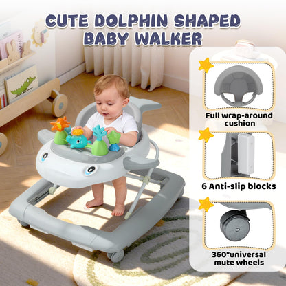 Baby Walker with Wheels, Music and Lights Foldable Baby Walker, 3 Adjustable Heights, Activity Walker for Baby Boy and Girl 6-18 Months, Gray