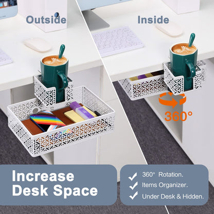 Aurynns Under Desk Drawer Organizer Clip-on Cup Holder Under Desk Storage Drawers Rotated Under Table Drawer for Desk Organizer Clamp Phone Holder Paper Drawer (White)