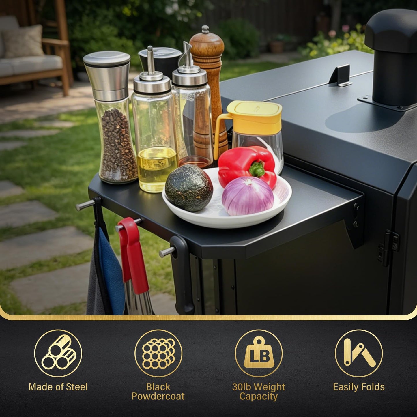 Side Shelf for Pit Boss PBV4PS2 PBV4PS1 Pro Series II 4 Vertical Pellet Smoker Shelf for Pit Boss 10739 1077 Smoker Accessories Foldable Grill Side Table BBQ Prep with Hooks