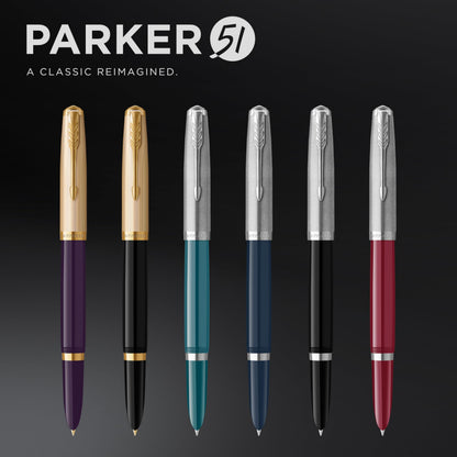 Parker 51 Fountain Pen Teal Blue Barrel with Chrome Trim Fine Nib with Black Ink Cartridge Gift Box