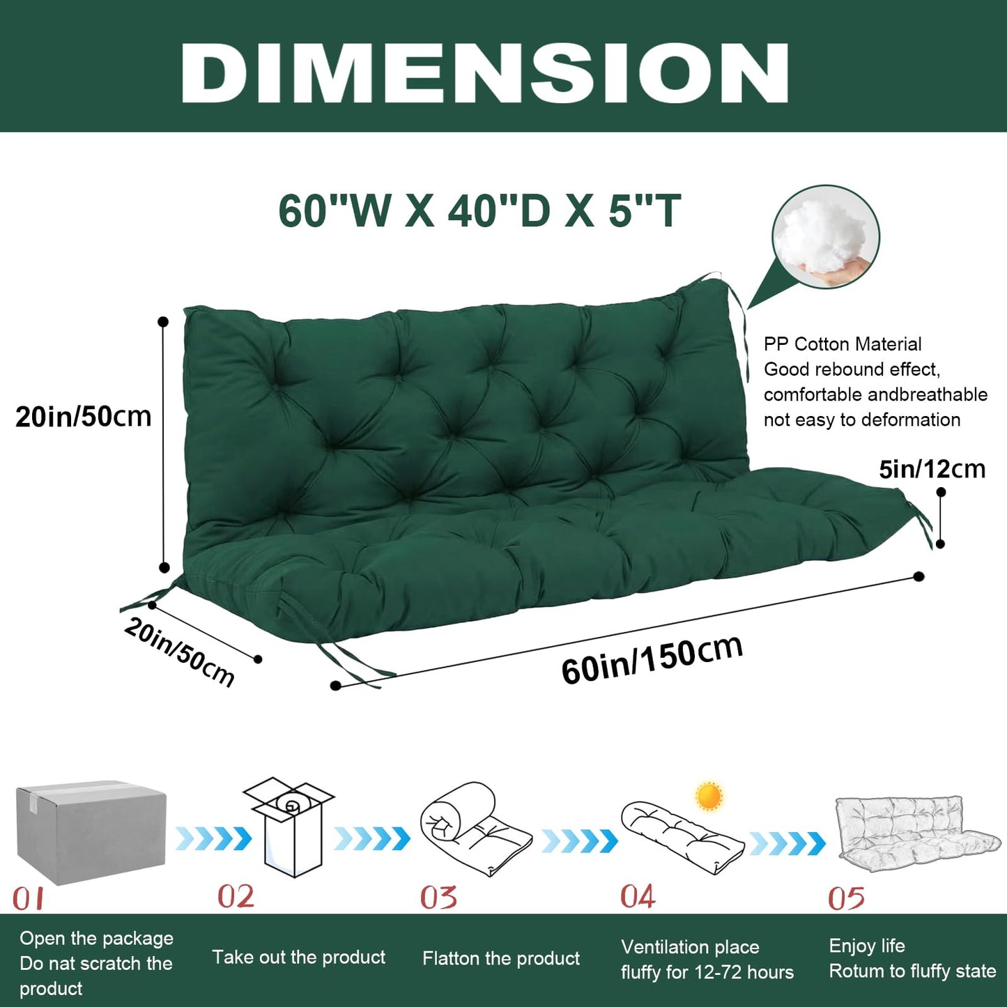 HZODJBH Waterproof Porch Swing Cushion Replacement, Thick 2–3 Seat Swing Seat Cushion with Backrest & Ties, Outdoor Bench Cushion for Patio Garden Porch Furniture (Dark Green, 60 x 40in)