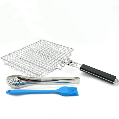 HTIAM Large Capacity Barbeque Grill Basket With Brush BBQ Tong Deeper Grilling Rack Havy Duty Stainless Steel BBQ Accessories Set