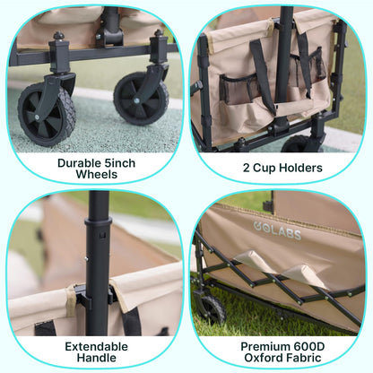 Golabs Collapsible Wagon Cart Max 350lb Load & Expandable Storage 100L, Double Bearing Design for Flexible Steering, Foldable Heavy Duty Garden Cart with 2 Cup Holders for Groceries, Garden & Camping