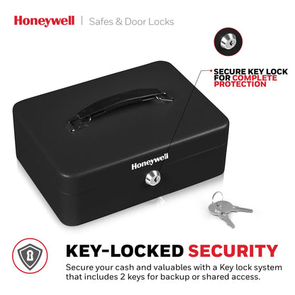 Honeywell Safes & Door Locks - Standard Small Cash Box with Removable Money Tray - Storage Under Tray & 5 Coin Slots - Durable Metal Safe with Key Lock - Saving Money Lock Box - Black, 0.14 CU - 6112