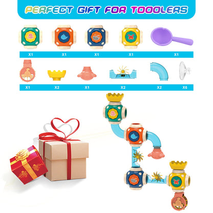 ZWYOIUG Bath Toys, STEM Baby Bathtub Toy with DIY Pipe Tubes, Cubes,Spoon, Lovely Cute Bathroom Time Spray Waterfall Shower Toy, Suitable for Toddlers Boys Girls 3 Years and up