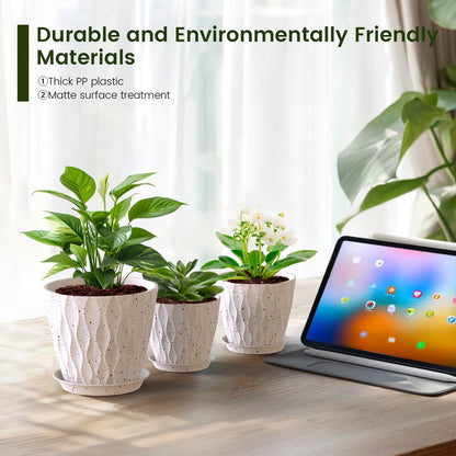 Meowell 7/6.5/6/5.5/5/4.5/4 inch Plant Pots for Indoor Outdoor Plants, 7 Pack Thick Flower Pots with Drainage Holes and Saucers, Modern Wave Texture Plastic Planters Nursery Pots, Speckled White