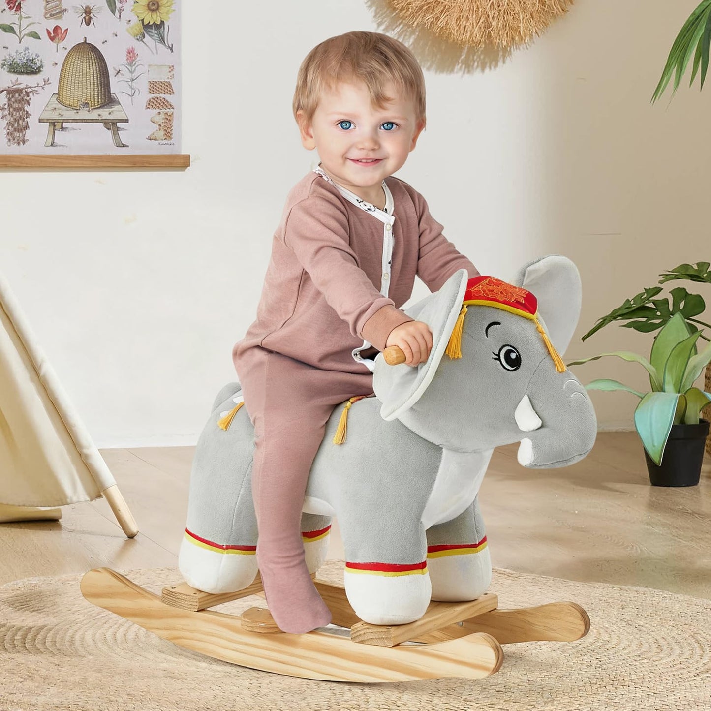 FUNLIO Elephant Baby Rocking Horse for Toddlers 1-3 Years, Cute & Graceful Gray Thai Elephant Rocker for Baby, Stuffed Plush Ride-on Rocking Animal, Easy to Assemble, CPC & CE Certified
