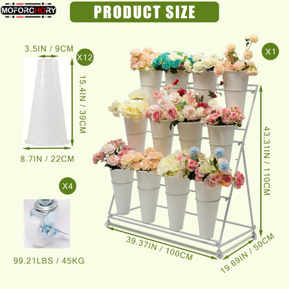 Moforchory flower bar stand, flower display stand with 12 buckets, 3 Layers Flower Cart White Metal Flower Bar Stand with Wheels, Moving Florist Bouquet Shelf for Indoor Outdoor Patio Garden Weddings Florist Living Room