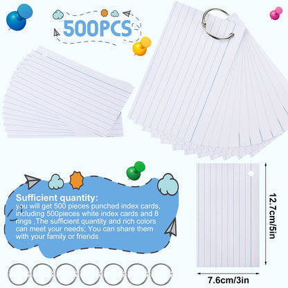 Yexiya 500 Pcs Index Cards with Rings Study Supplies Punched Lined Flash Cards with Holes Ruled Single Hole Notes and Metal Rings for Adults Office(3 x 5 Inch,White)