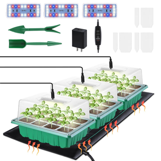 3-Pack Seed Starter Trays with Heat Mat, Seed Starter Kit with Grow Lights, 36 Large Cells Seed Germination Kit with Adjustable Humidity Vents for Indoor Plants Seeds Starting, Ideal Gardening Gifts