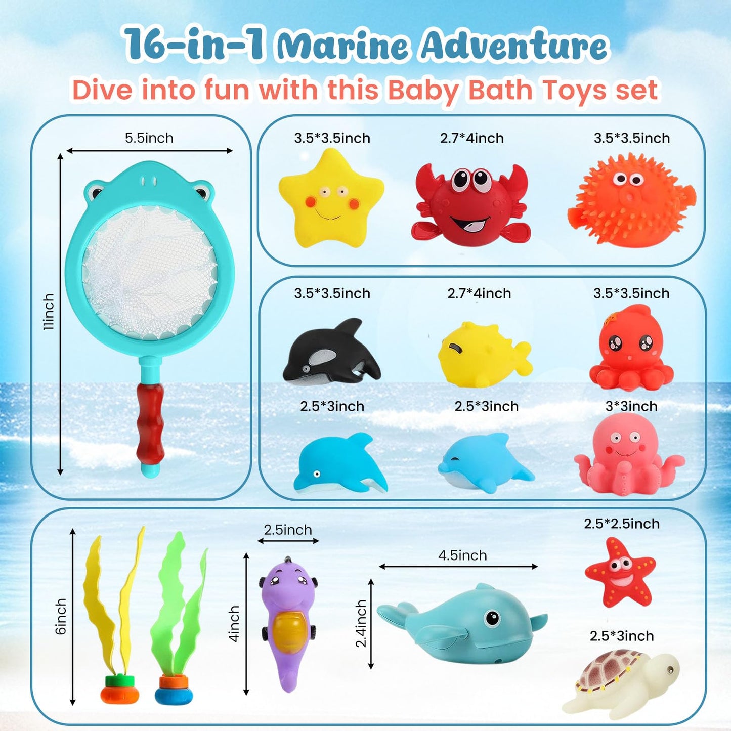 Shindel 16 PCS Baby Bath Toys, Floating Pool Toys for Kids Toddler Boys Girls