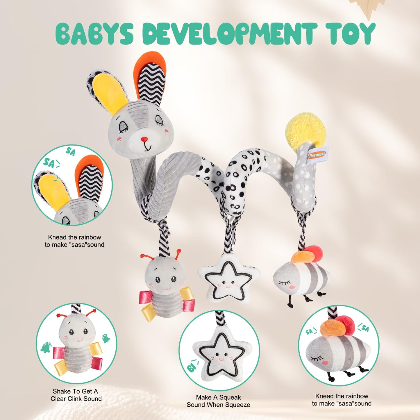 JINBOBUBU Baby Spiral Activity Toy, Stroller & Car Seat Hanging Toy for 0-12 Months, High Contrast Newborn Sensory Toy with Rattle & Crinkle Paper, Infant Travel Plush Toy for Crib Bassinet