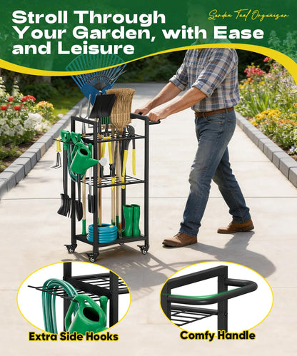Lotspasie Garden Tool Organizer with Wheels, Heavy Duty 3 Tier Metal Yard Tool Storage Rack Holder with Side Hooks, Freestanding Garage Organizer for Shovels, Rakes, Brooms, Indoor Outdoor Use, Black