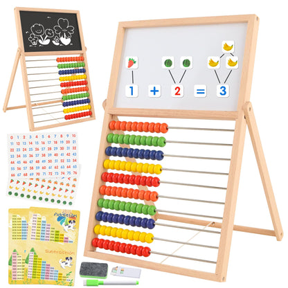 Ranqibo Wooden Abacus for Kids Math - Double-Sided Blackboard Whiteboard Magnetic Abacus with 100 Magnetic Number & Fruit Stickers - Educational Counting Games Kids Gift