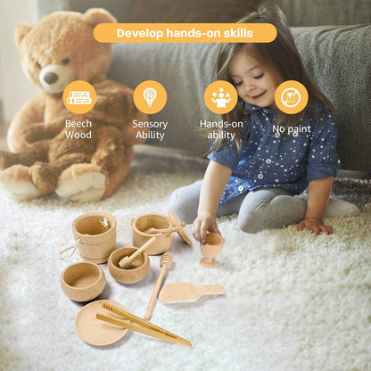 MONT PLEASANT Montessori Sensory Bin Toys for 1 Year Old Toddlers, 11pcs Wooden Waldorf Toys - Wooden Scoops and Tongs for Transfer Work and Fine Motor Skills Development