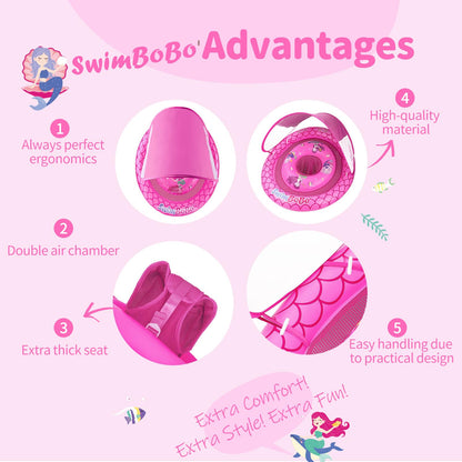 Swimbobo Baby Pool Float Ring with Adjustable Sun Canopy and Safety Seat Pool Toy for Age of 6-36 Months (Red Mermaid)