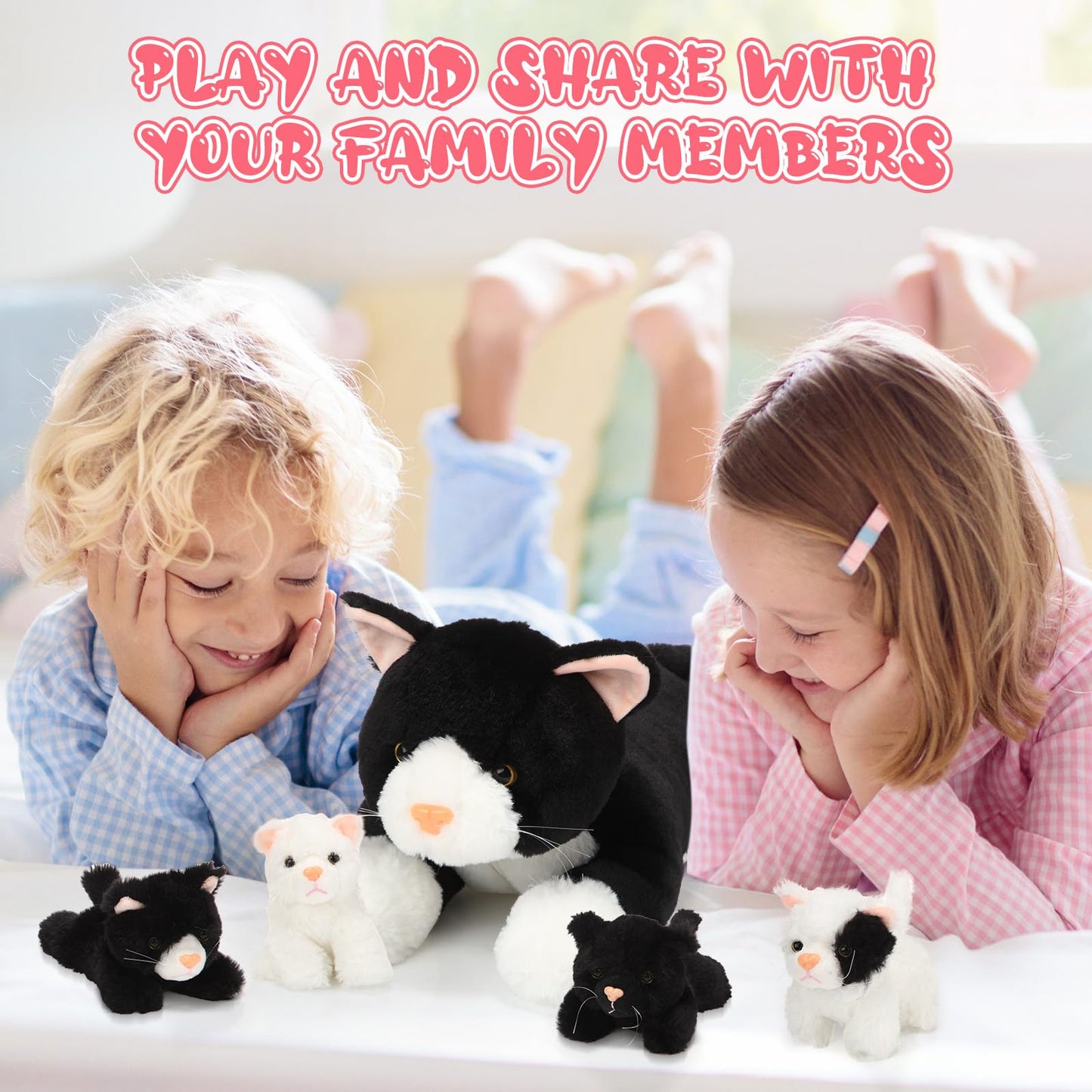 Skylety 5 Pieces Cat Stuffed Animal with Babies Inside Belly Plush Cat Pregnant Mommy Kitty with 4 Cute Fluffy Stuffed Kittens Christmas Birthday Surprise Gifts(Black, White)