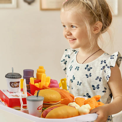 Hydeem 80 Pcs Pretend Play Food Toy for Kids Kitchen Aged 3 4 5, Fast Food Set with Storage Bucket, Pizza, Burger, Ice Cream, Hot Dog, Educational Birthday Toy Gift for Boys Girls