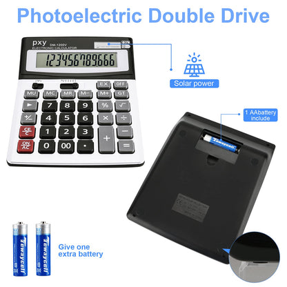 Desk Calculator 12 Digit Extra Large LCD Display, Touch Comfortable with Big Buttons, PXY Two Way Power Battery and Solar Standard Function Office Calculators