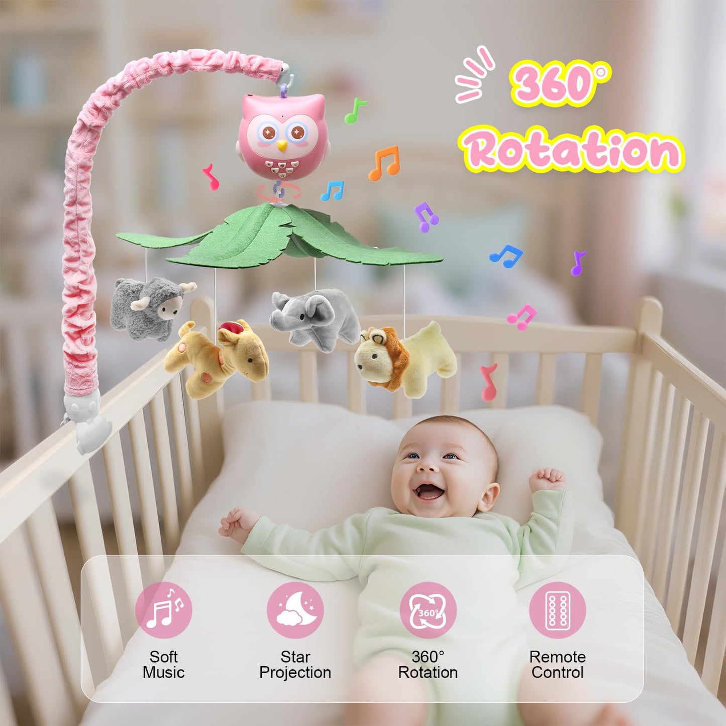 SUMWE Baby Crib Mobile with Music and Lights for Boys Musical Mobile Animals for Crib Bassinet Girls Toys Hanging Portable Safari Nursery Decor Pink