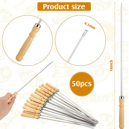 Minatee 16 Inch Kabob Skewer with Wood Handle for BBQ Camping Cookware Campfire Grill Cooking, Stainless Steel, Metal Skewers for Kabobs with Wood Handle (50 Pcs)