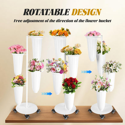LEALIBAUSS Metal Flower Bar Stand With 4 Buckets Flower Cart Display Stand with Wheels Floral Bar for Wedding,Garden Events Party Decor (WHITE)