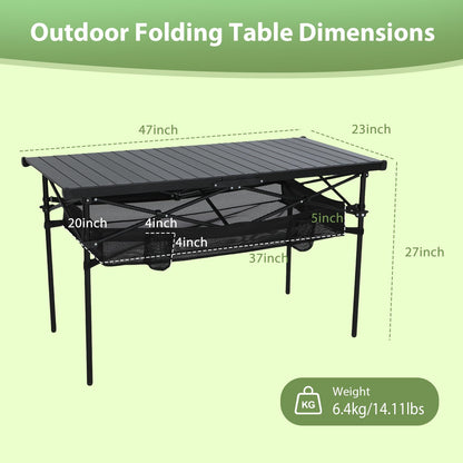 Nice C Portable Folding Camping Table, Aluminum Lightweight Roll-up Top Indoor&Outdoor Collapsible Table, with Mesh Net, Cup Holder, Carry Bag, Steel Frame, for Camping, Sports, BBQ, Picnic (Black)
