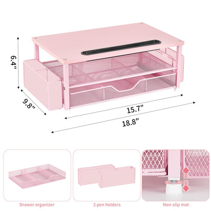 AUPSEN Pink Desk Organizers and Accessories, 2-Tier Wood Computer Monitor Stand with Drawer, Pen Storage & Phone Holder, Office Desk Accessories, Workspace Desktop Organization for Office Supplies