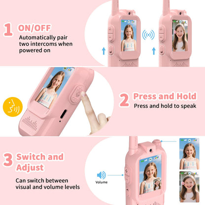 BlueFire Kids Walkie Talkies with Video – Screen Display Toy Radios with Voice Effects, One-on-One Pairing, Long Range – Birthday Toys Gifts for Boys & Girls Ages 3–12 (Pink)
