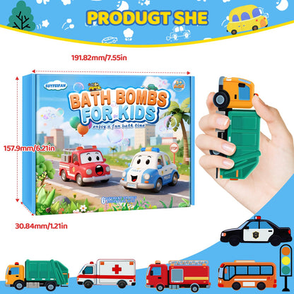 Bath Bombs for Kids, Perfect Mothers Day Gifts for Kids Girls, Handcrafted Car 6 Pack Natural Organic Bubble Bath Bomb Toys, Shaped Like Excavators, Police Car, School Buses, Fire Trucks