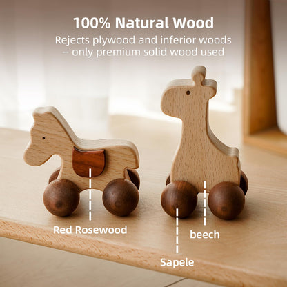 DadCarved Baby Push Car Montessori Toys, 4PCS Wooden Animal Toy Vehicles for Toddlers, Natural Wood Infant Car Toys (Puppy, Elephant, Pony, Giraffe) for Gift and Decor