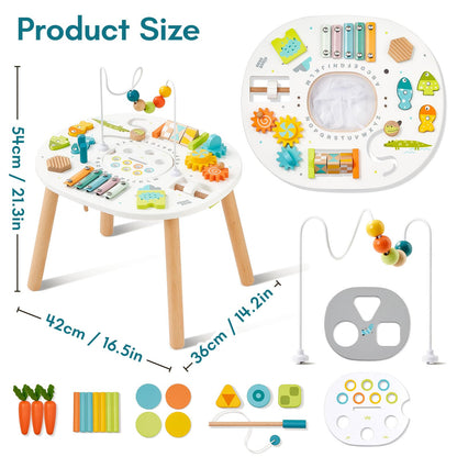 Giant bean® Wooden Activity Table for 1 Year Old, 11-in-1 Montessori Learning Table with Bead Maze, Shape Sorter, Fishing Game & More – Sensory Development Toy for Toddlers, Ideal 1st Birthday Gift