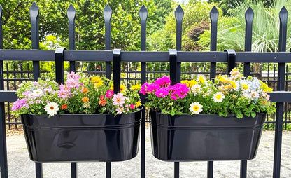 Joyfernal Hanging Planters for Outdoor Plants, 17" Railing Planter Pots, Metal Fence Flower Pot for Porch Balcony with Detachable Hookt (Black, Pack of 8)