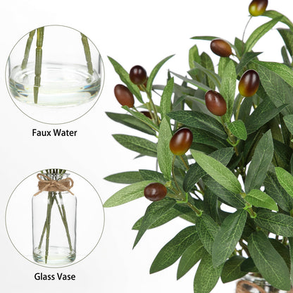 Hollyone Artificial Olive Branch in Glass Vase with Faux Water 15.7" Fake Plants Olive Leaves Stems for Indoor Shelf Desk Home Bathroom Wedding Table Centerpiece Decor