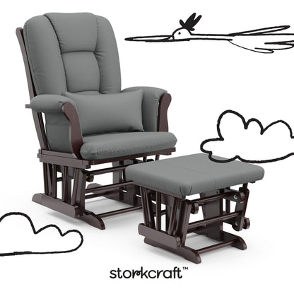 Storkcraft Tuscany Custom Glider and Ottoman with Free Lumbar Pillow (Espresso/Grey) - Cleanable Upholstered Comfort Rocking Nursery Chair with Ottoman