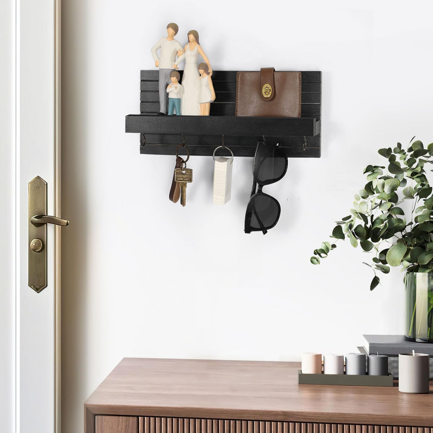 Lwenki Decorative Key Holder for Wall with Shelf, Entryway Shelf with Hooks Holds Leashes, Jackets and Glasses – Sturdy Wood Keyholder Entrance Hanger with Mounting Hardware (Black, Medium)