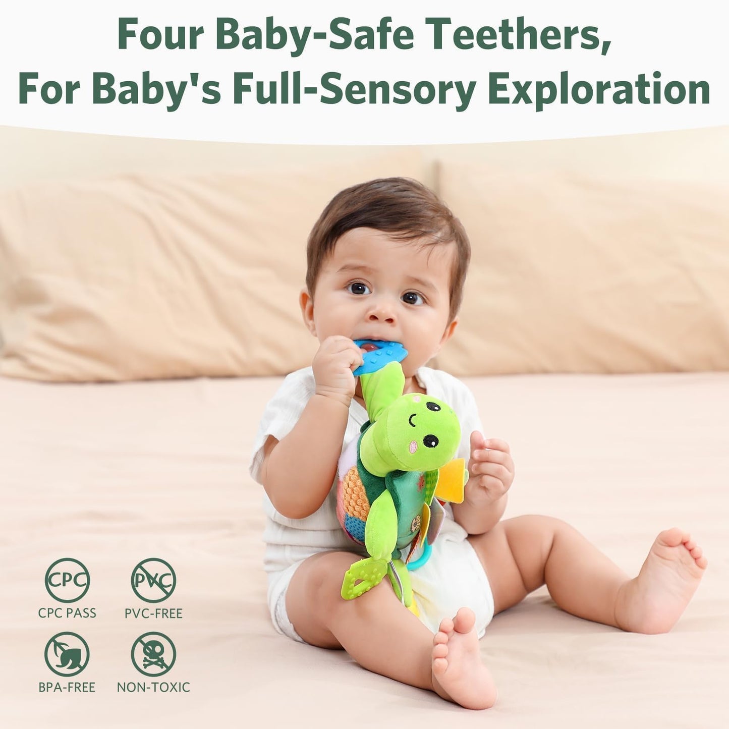 Turtle Baby Sensory Toy, 6 in 1 Montessori Tummy Time Texture Toys, Flip Scales & Multi-Textured Belly & Rattle Squeaker Teethers, Early Educational Shower Gifts for Baby Boy Girl Birthday Gifts