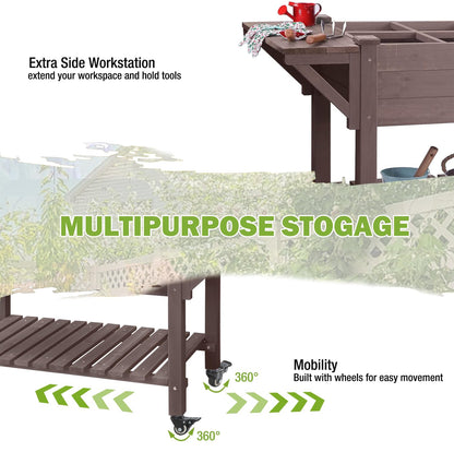 GUTINNEEN Raised Garden Bed Outdoor with 8 Planter Boxes Wooden Elevated Garden Bed with Legs Wheels Side Workbench and Storage Shelf for Plants Vegetables Flowers Herbs