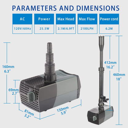 OYO WATER Pond Pumps Submersible Outdoor,555GPH Water Fountain Pump with Fountain Kits for Small Ponds