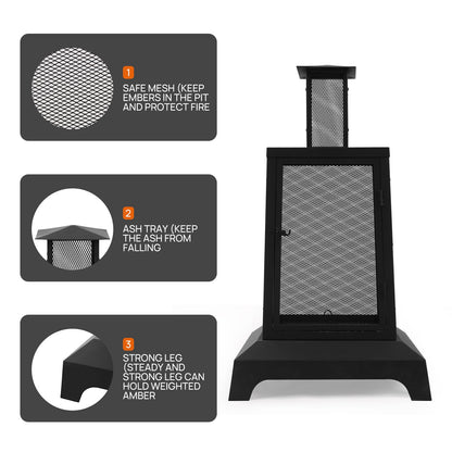 Walsport Chiminea Outdoor Fireplace, 43 Inch Wood Burning Fire Pit with Grill Grate and Spark Screen Cover, Outdoor Fire Pit for Patio, Backyard, Deck Porch and Camping, Black