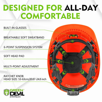 GREEN DEVIL Chainsaw Safety Protective Helmet Forestry Helmet with Build-in Visor Mesh Face Shield Ear Muffs 4 in 1 Ideal for Arborist Tree Work DIY Outdoor Logging Hard hat