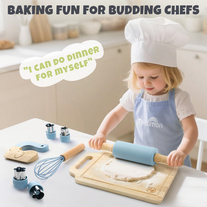 29 PCS Wooden Kids Cooking Set, Toddler Montessori Cooking & Baking Kitchen Tools for Real Cooking, 3 Knifes, Real Cutting Board, Apron, Kid Safe Kitchen Utensils for 3+ Year Old Boys Girls Gift