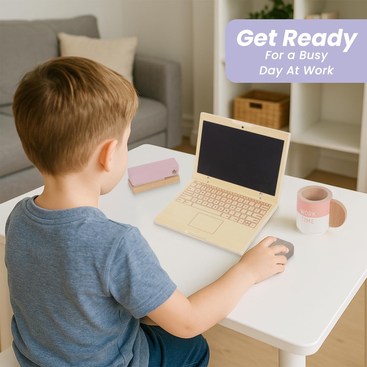 Wooden Pretend Play Home Office Set for Kids,10Pcs Office Playset with Wooden Toy Laptop & Phone,Toddlers Beverage Cup for Preschool Kid Ages 3+ Years