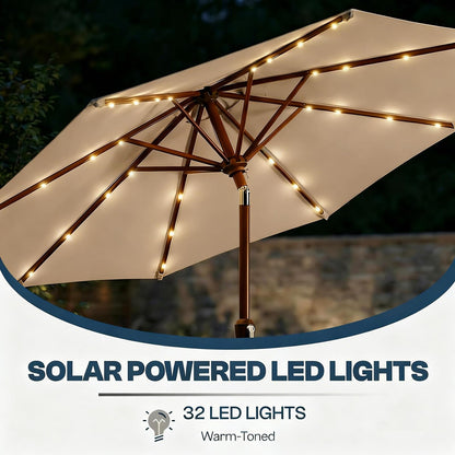 Patio Kingdom 10FT Solar Patio Umbrella with Lights, Outdoor Table Market Umbrella with 32 LED Lights, 8 Sturdy Ribs, Push Button Tilt and Crank for Pool, Deck and Garden, UV-Resistant, Beige