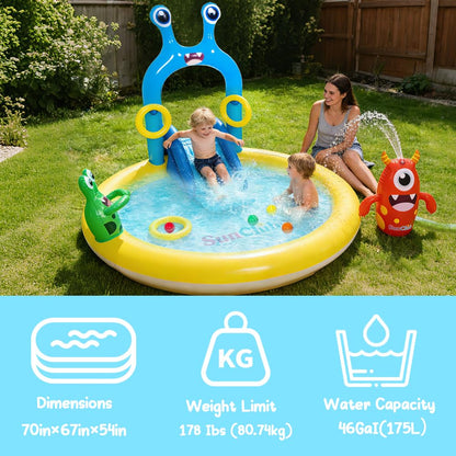 Inflatable Splash Pad for Kids - Monster Spray Inflatable Play Center Kiddie Pool with Slide Sprinkler Toss Rings & Balls, 70"x67"x54" Fun Outdoor Water Toy for Summer Backyard Seaside