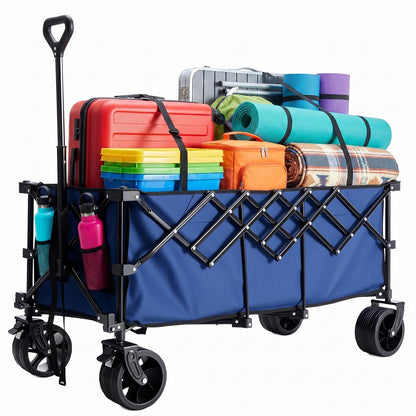 OLIXIS 49" Extra Long Folding Wagon Cart, 440LBS Heavy Duty Collapsible Wagon with Big All-Terrain Wheels, 250L Portable Outdoor Utility Cart for Shopping, Garden, Camping, Grocery, Sports - Blue