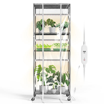 Bstrip Indoor Greenhouse with Grow Light, 23.5"x13.8"x59" Portable Metal Greenhouse Shelves with T8 2FT Full Spectrum Grow Light & Timer, Adjustable Plant Stand for Indoor Plant, Spring Seed Starting