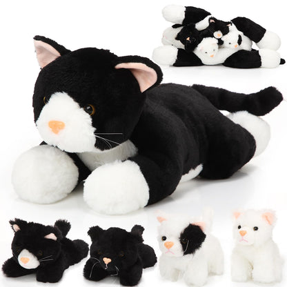 Skylety 5 Pieces Cat Stuffed Animal with Babies Inside Belly Plush Cat Pregnant Mommy Kitty with 4 Cute Fluffy Stuffed Kittens Christmas Birthday Surprise Gifts(Black, White)